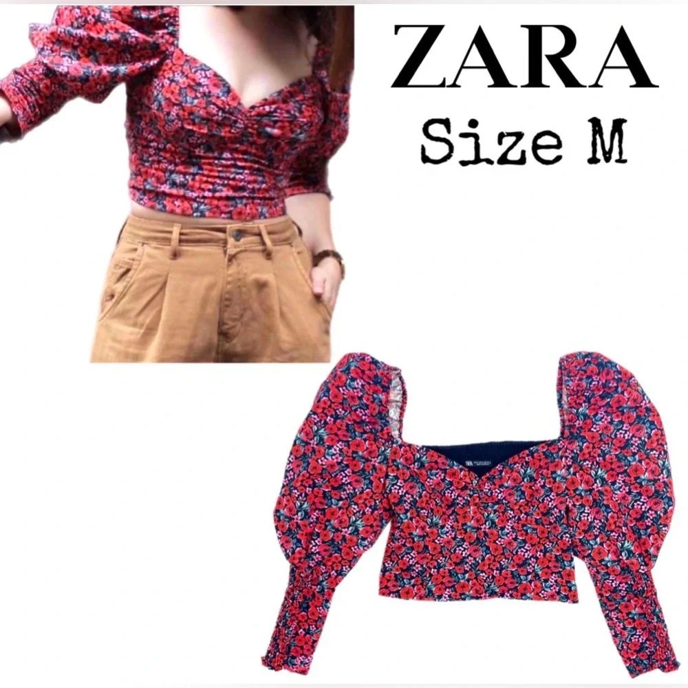 Zara Puff Sleeve Floral Crop Top Rose Print Sweetheart Ruched Blouse Size M - Picture 2 of 15